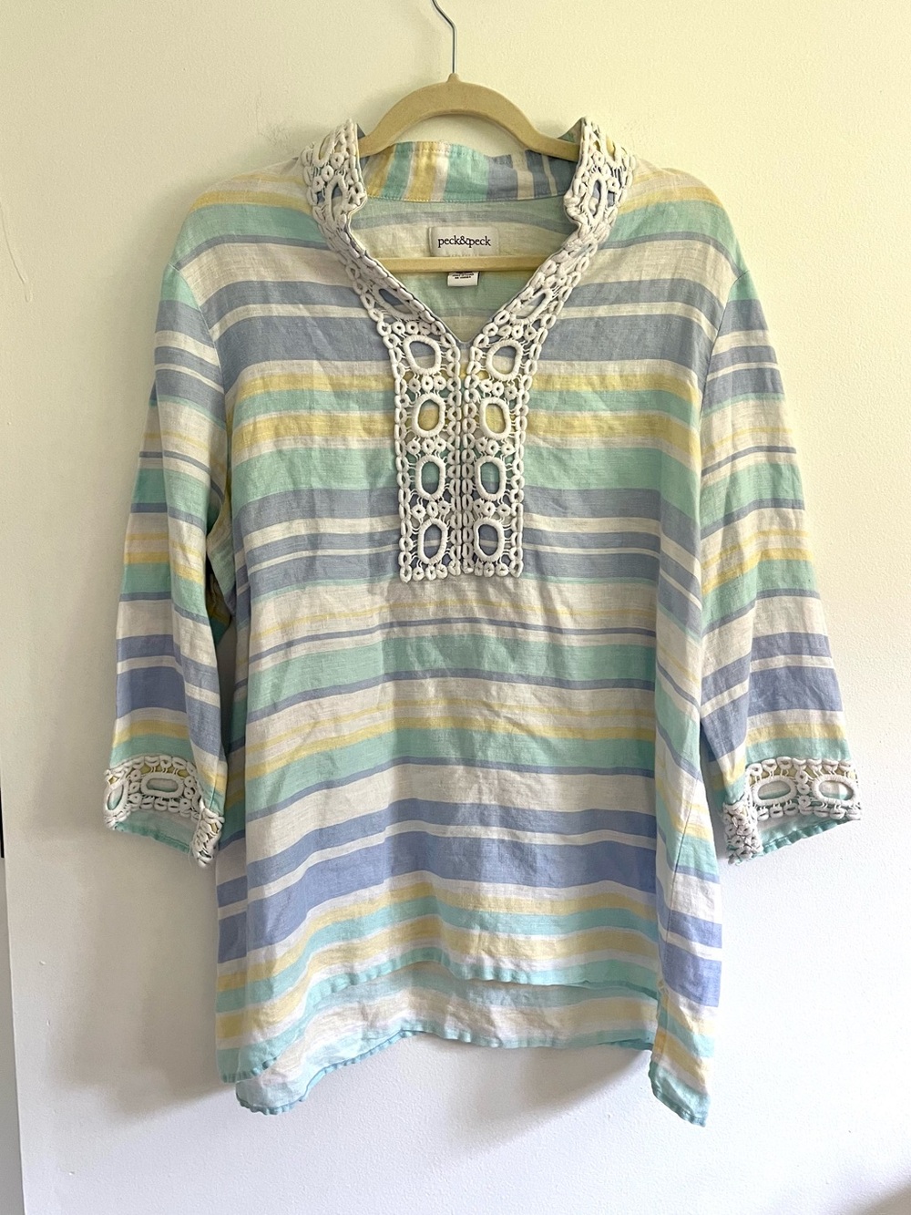 Peck&Peck Pastel Striped Linen Tunic Crochet Lace Trim Beach Coastal Grandma XL